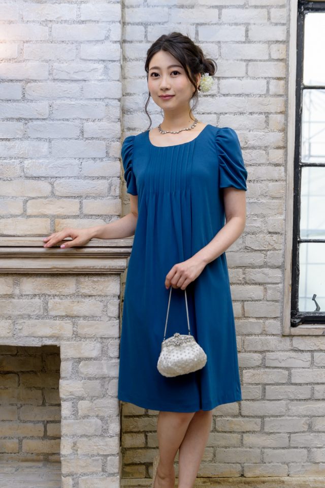 She’s PREFERENCEの袖付ブルーグリーンドレス