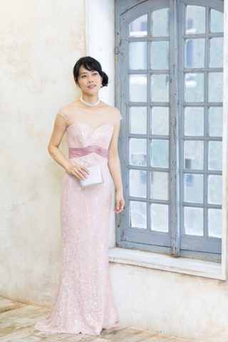 LA VELLLAピンク＆銀糸のマキシ丈ドレス